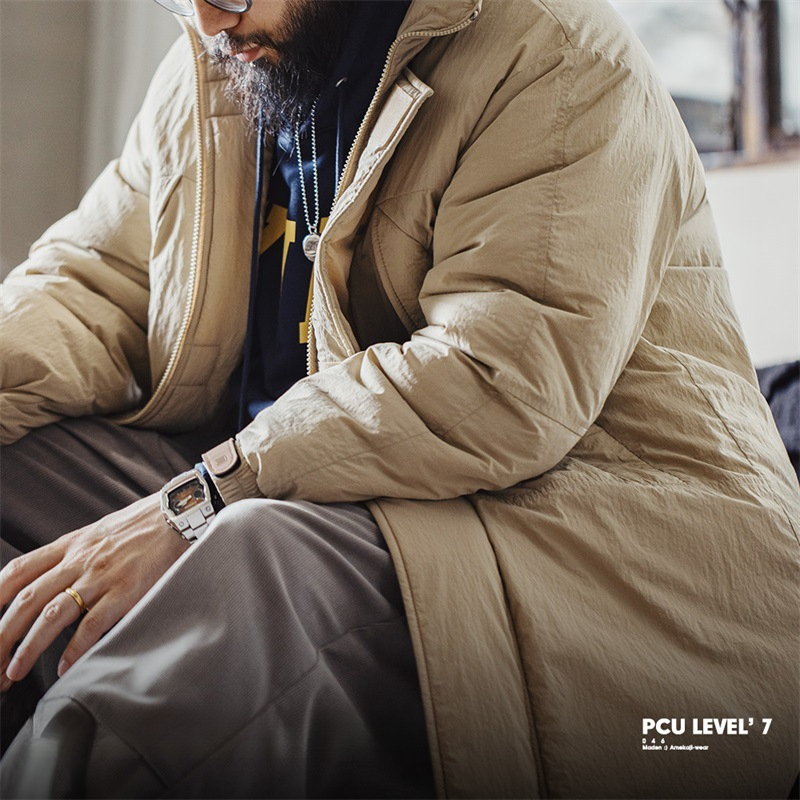 Maden Retro PCU Texture Stand Collar Mid-Length Hooded Cotton Jacket