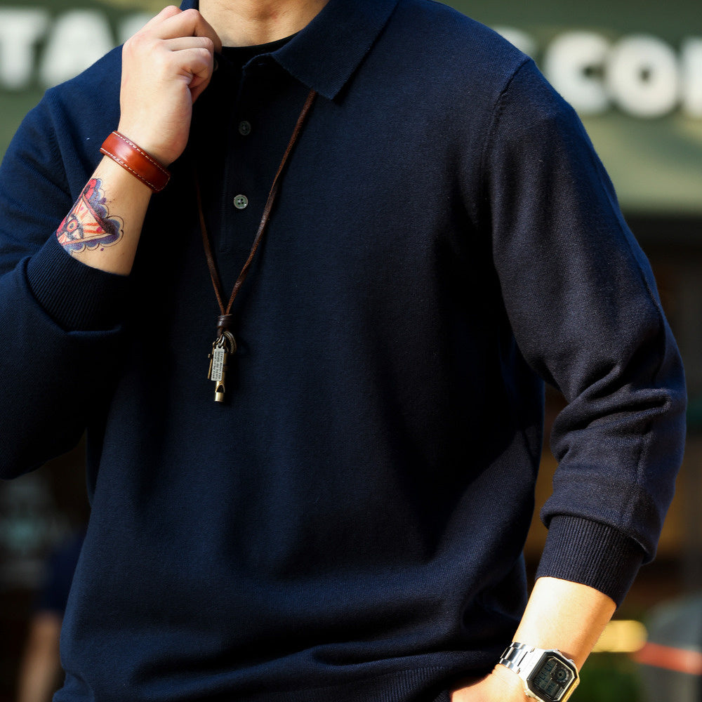 Casual long sleeved polo collar cotton wool sweater solid color lapel self heating warm knit top