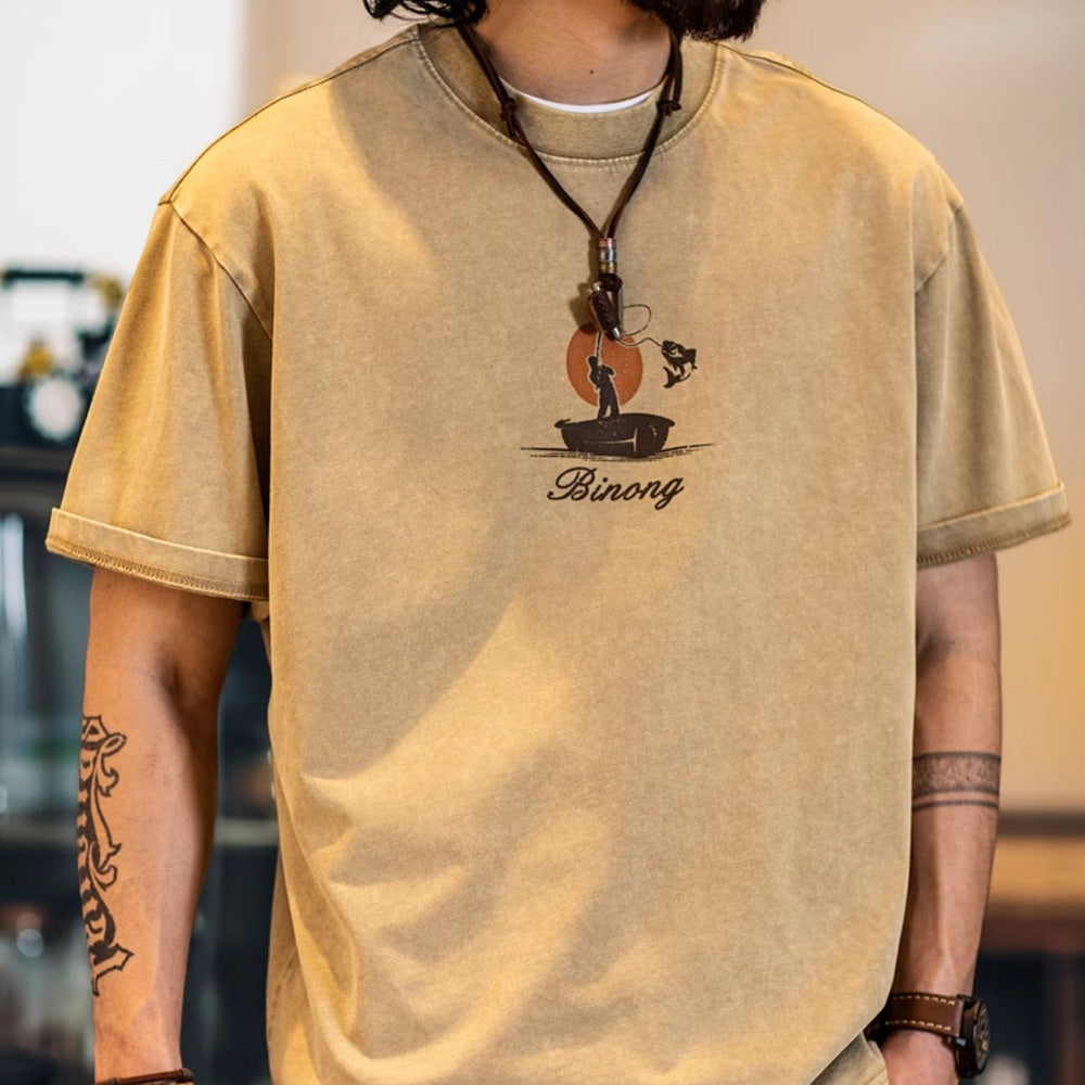 American style vintage men's summer loose print pure cotton short sleeved t-shirt