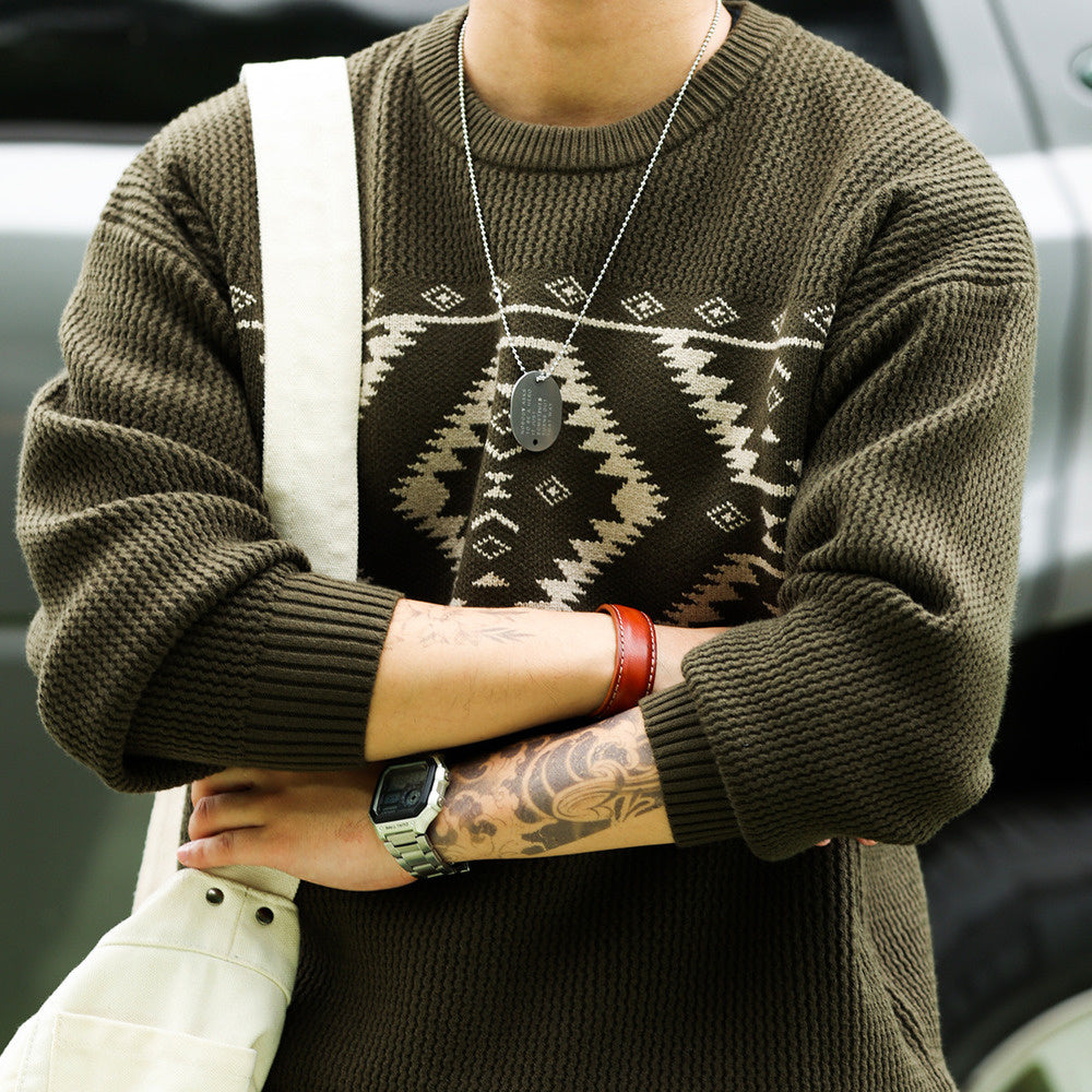 Vintage Navajo diamond jacquard sweater loose 800g heavyweight ethnic style knitted top