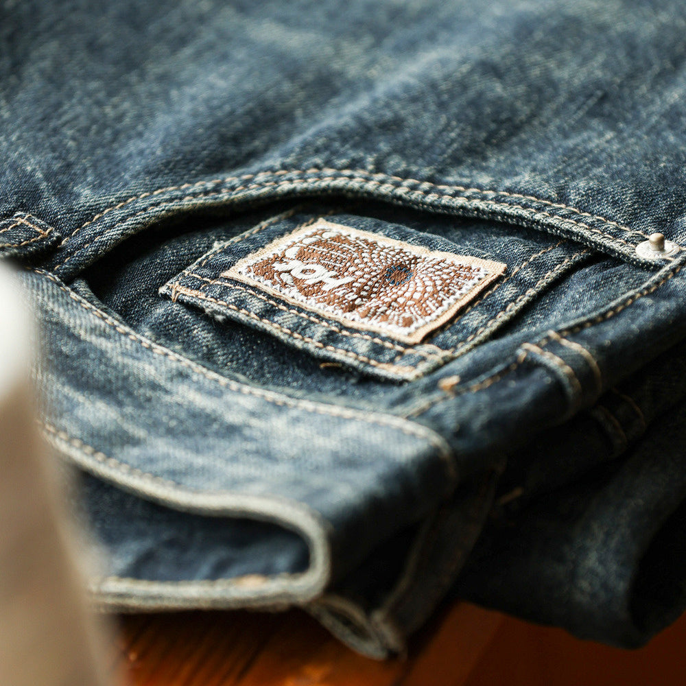 Washed blue jeans for men, loose straight leg with a sense of falling, casual wide leg dad pants