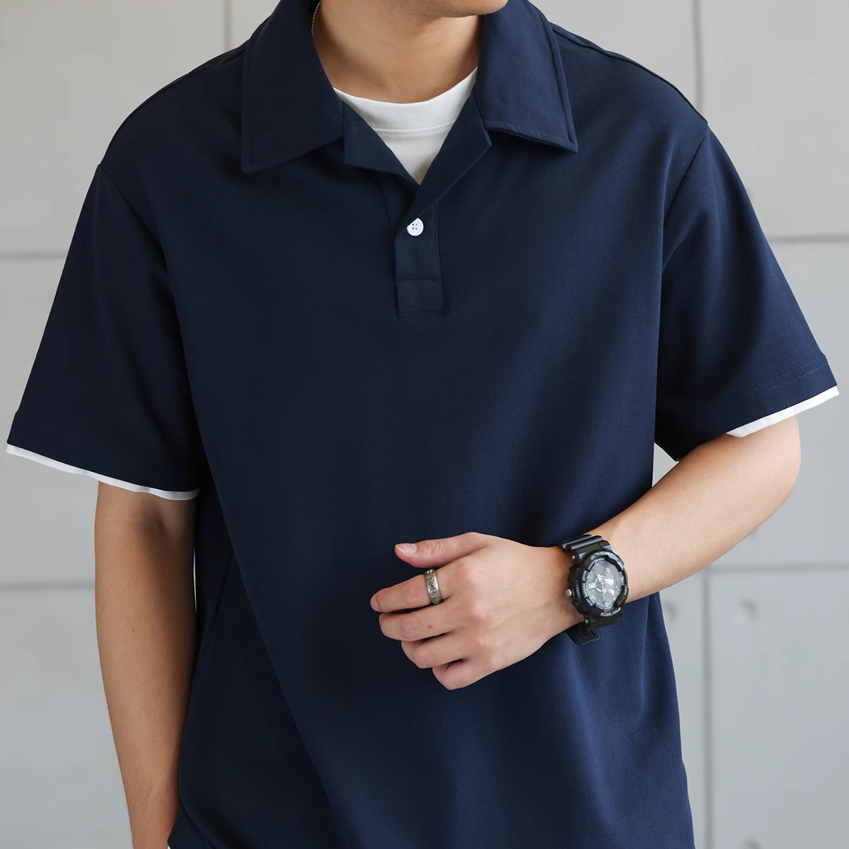 American style fake two Cuban collar men's casual thin polo shirts