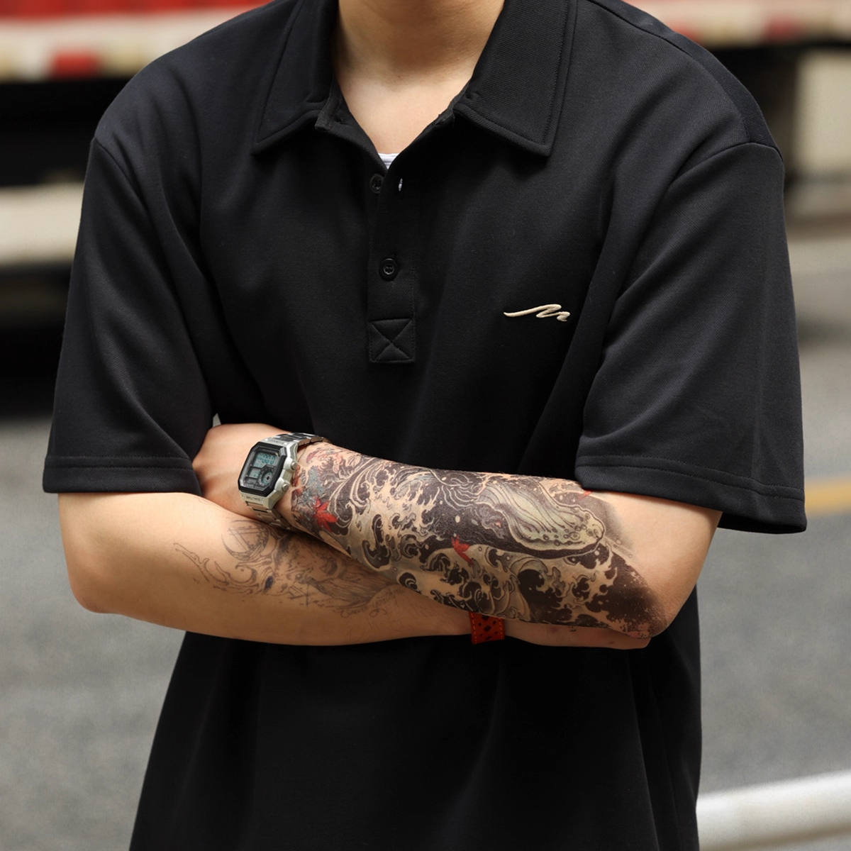 Summer casual 3D embroidered men's 240g heavyweight lapel short sleeved polo shirt