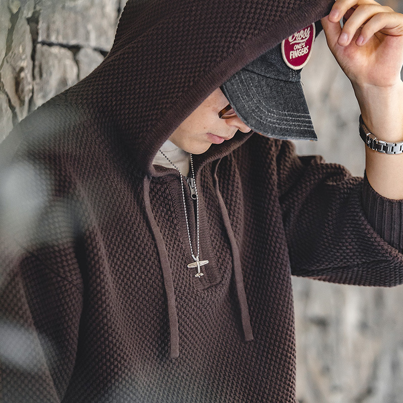 Maden Casual Half Zipper Pineapple Pattern Sweater Hooded Three-Dimensional Thickened Jumper