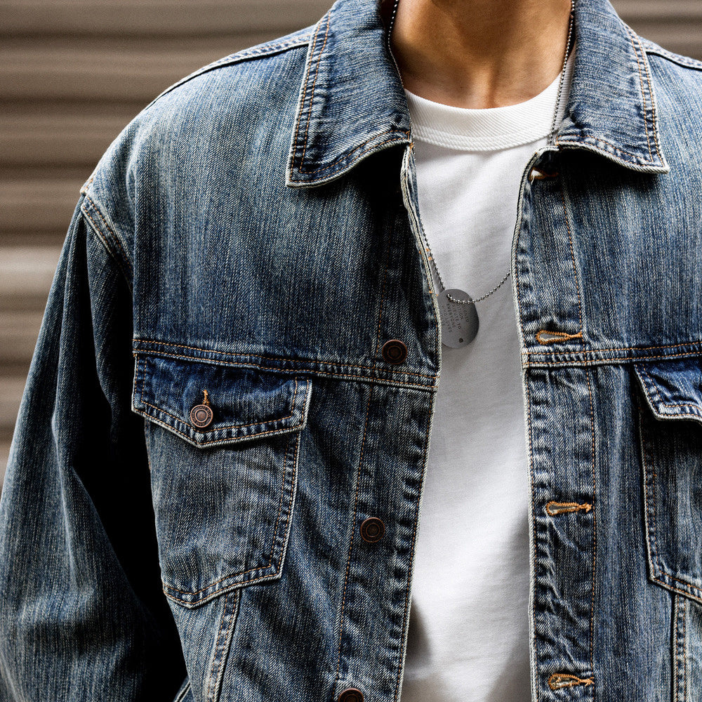 Bamboo patterned Western denim jacket, men's classic outerwear, motorcycle workwear jacket