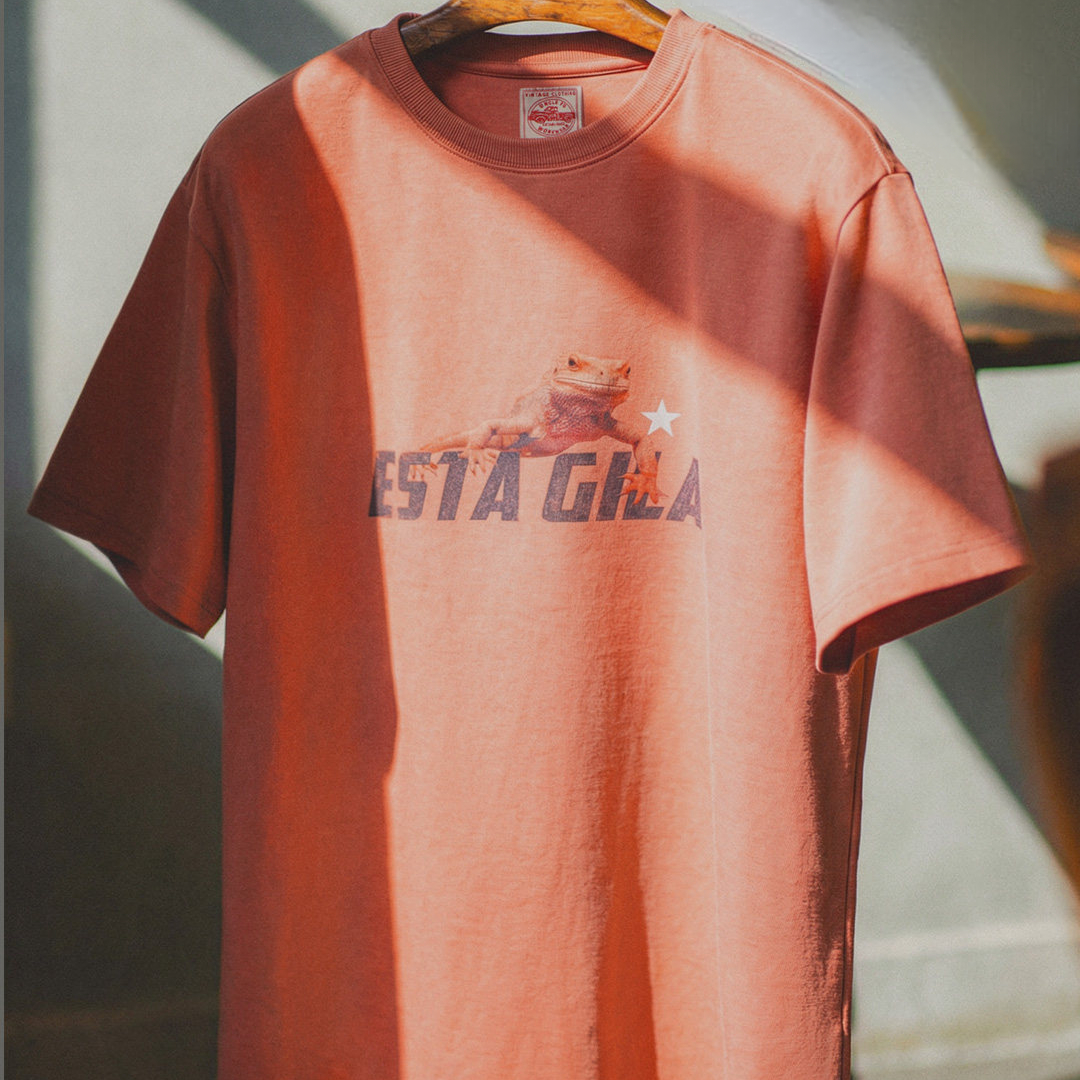 American Retro Printed Round Neck Shoulder Down Sunset Orange Red Knitted Short Sleeved T-Shirt