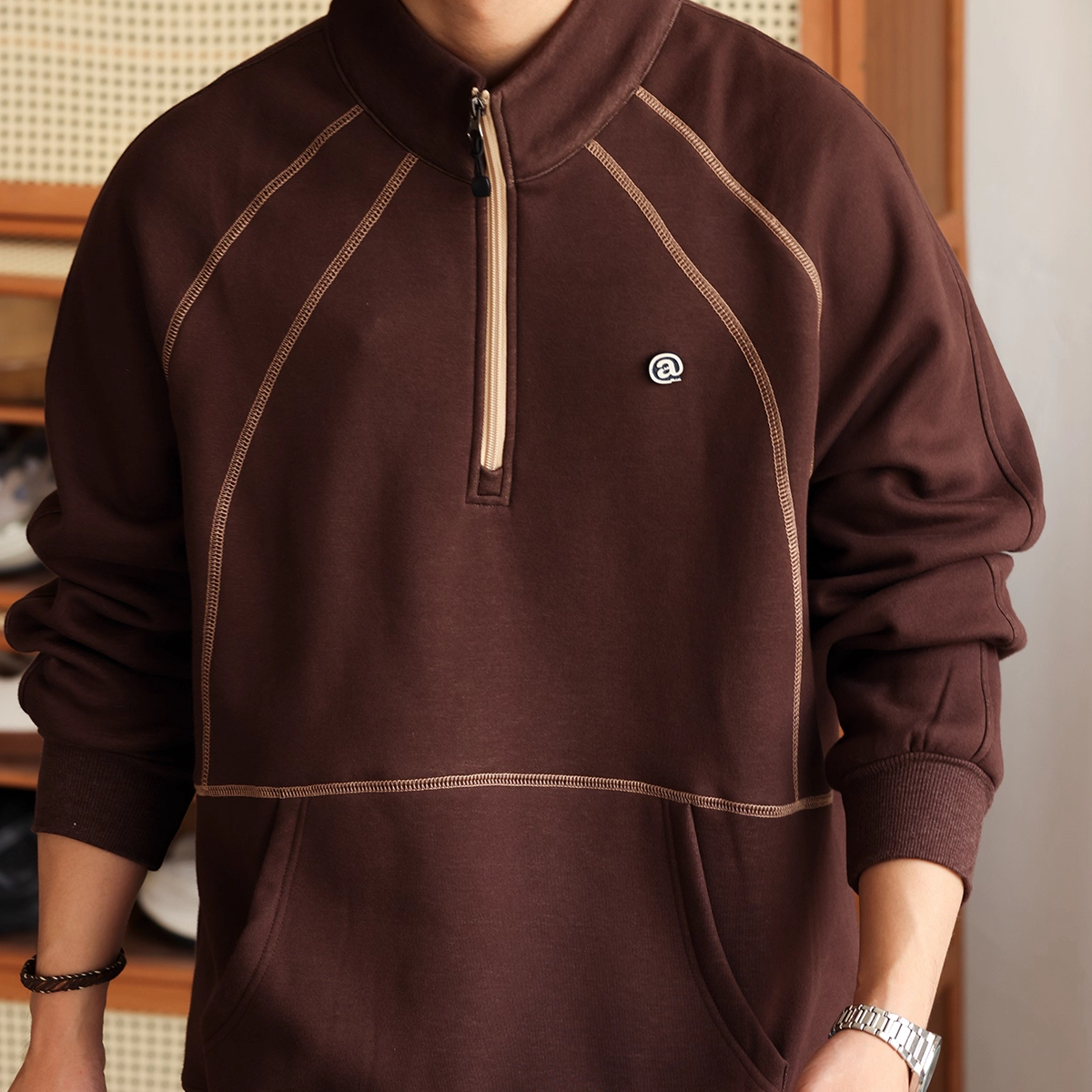 American Retro Design Style Stand Up Collar Men'S Contrasting Half Zip Top