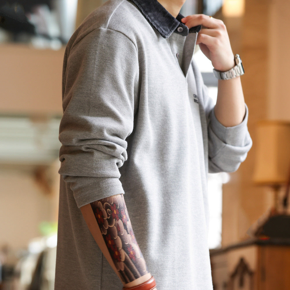 Color blocked collar long sleeved polo shirt men's loose casual sports collar knitted T-shirt sweatshirt