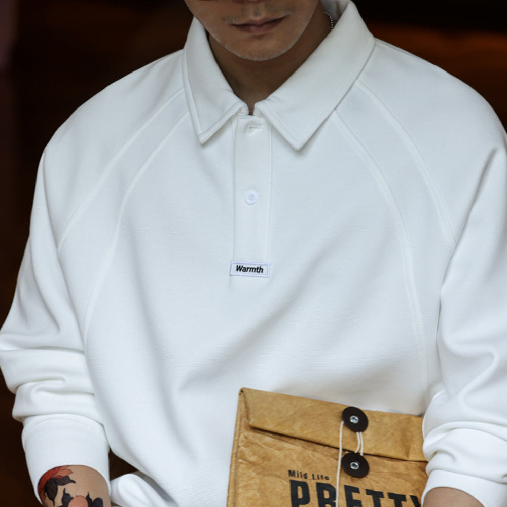 Japanese retro lapel long sleeved polo shirt 300g heavyweight split sp