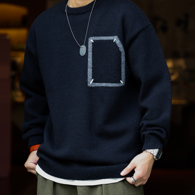 Casual 800g Heavyweight Patchwork Sweater Loose Thick Slouchy Niche Crew Neck Knit