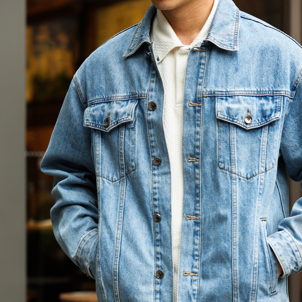 Sailuo Textile Water Washed Light Blue Cowboy Jacket Men's Outerwear Flip Collar Casual Coat
