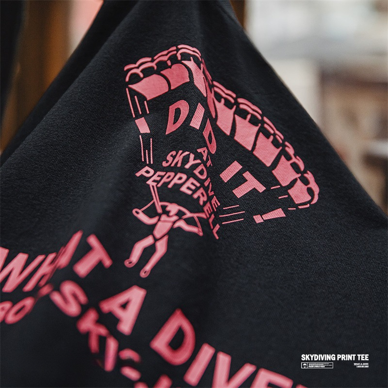 Maden retro fun letter printed short sleeved T-shirt with contrasting knitted round neck base