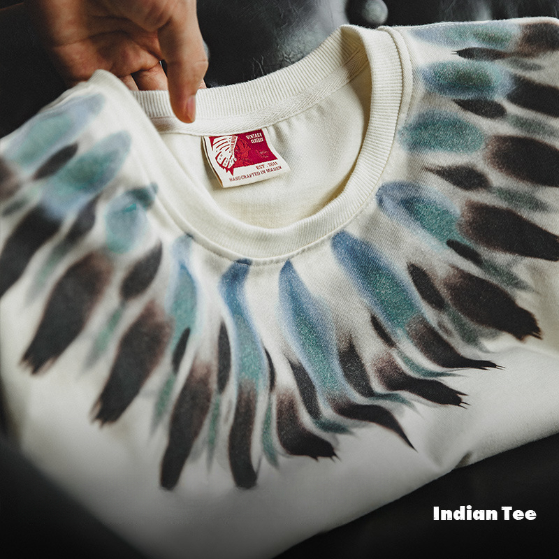Maden Retro Indian feather print short sleeved distressed loose ethnic style T-shirt