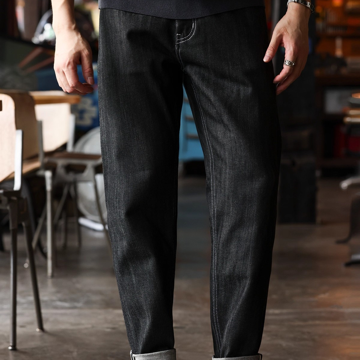 American Retro Silver Thread Men's 14oz Heavy-Duty Embroidered Straight Denim Jeans