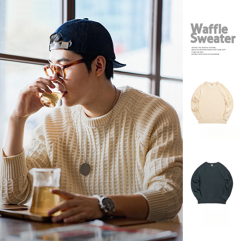 Maden Casual Waffle Round Neck Knit Warm Pullover with Underlay Sweater