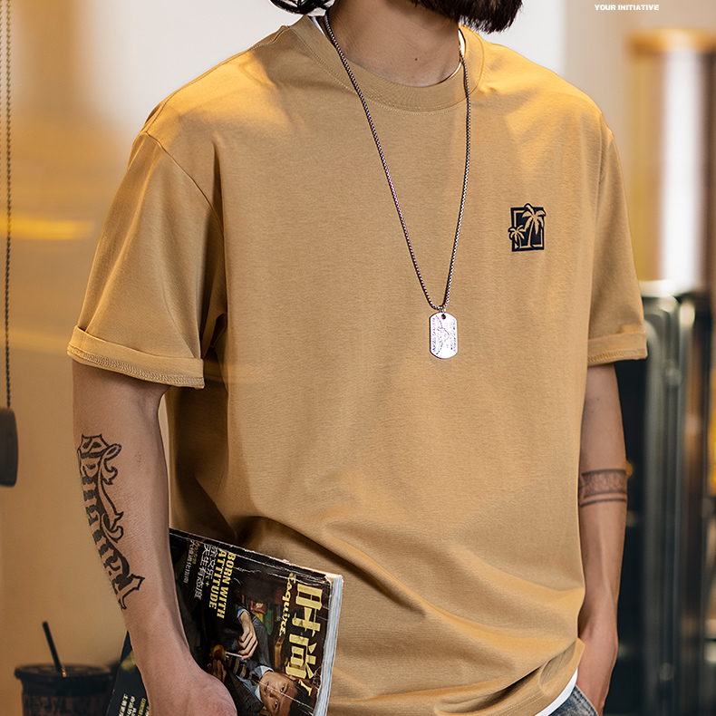 Summer new American casual texture printed round neck short sleeved shirt