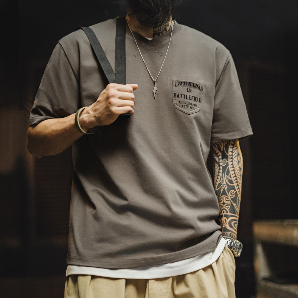 American retro military style pocket tough guy short sleeved T-shirt