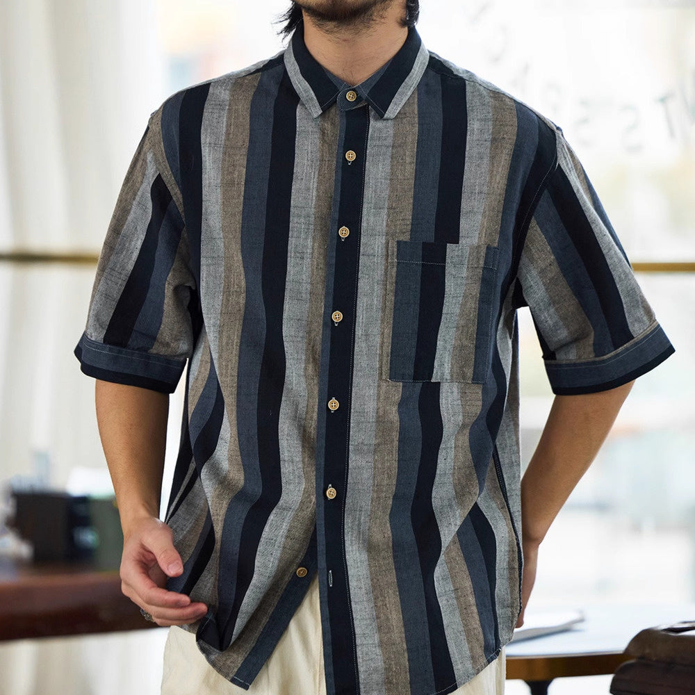 Japanese retro 150g men's contrasting striped short sleeved T-shirt