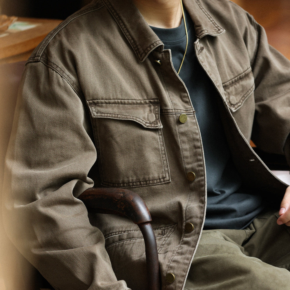 Atsu wash off hunting jacket men's multi pocket loose brown Detroit jacket