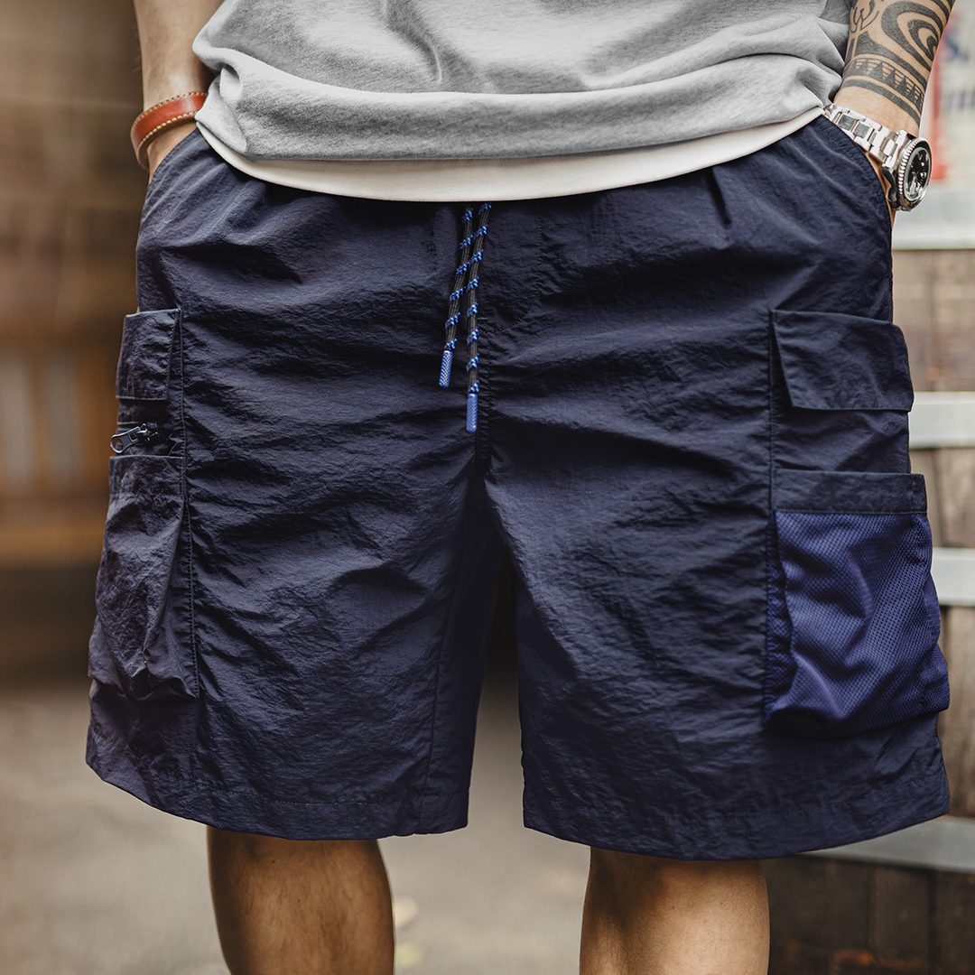 American Style Multi Pocket Quick Drying Navy Blue Outdoor Lightweight Drawstring Shorts