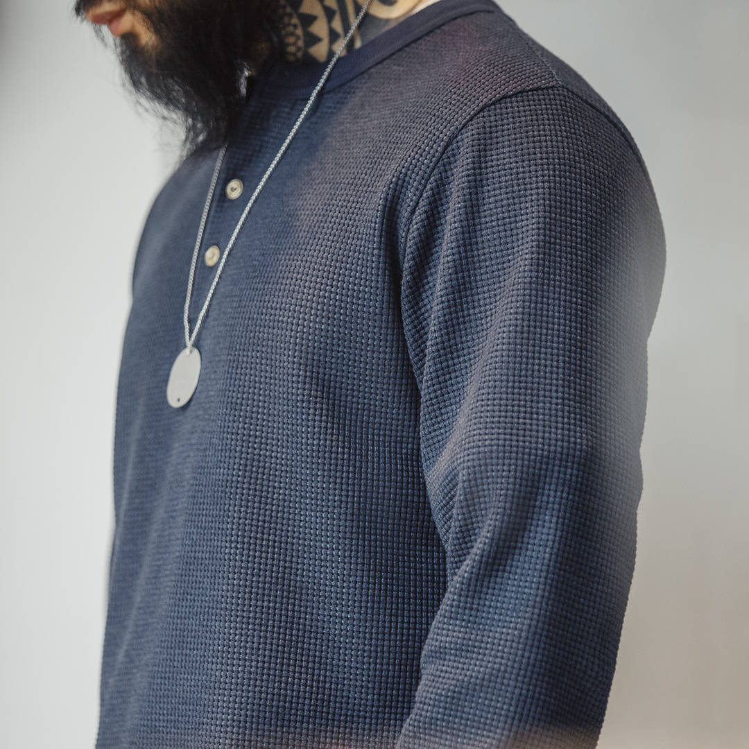 MADEN Retro Waffle Knitted Henley Shirt Slim Fit Amekaji Solid Color Long Sleeve T-shirt