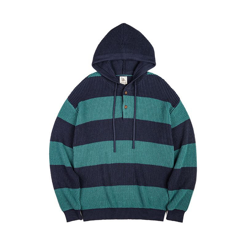  casual contrasting striped hooded knit sweater, college style sweater, loose pullover hoodie