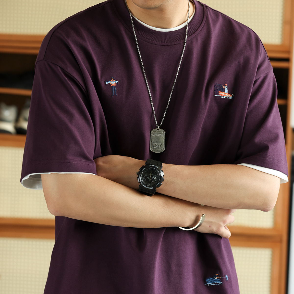 Fun embroidery men's 260g pure cotton round neck short sleeved T-shirt