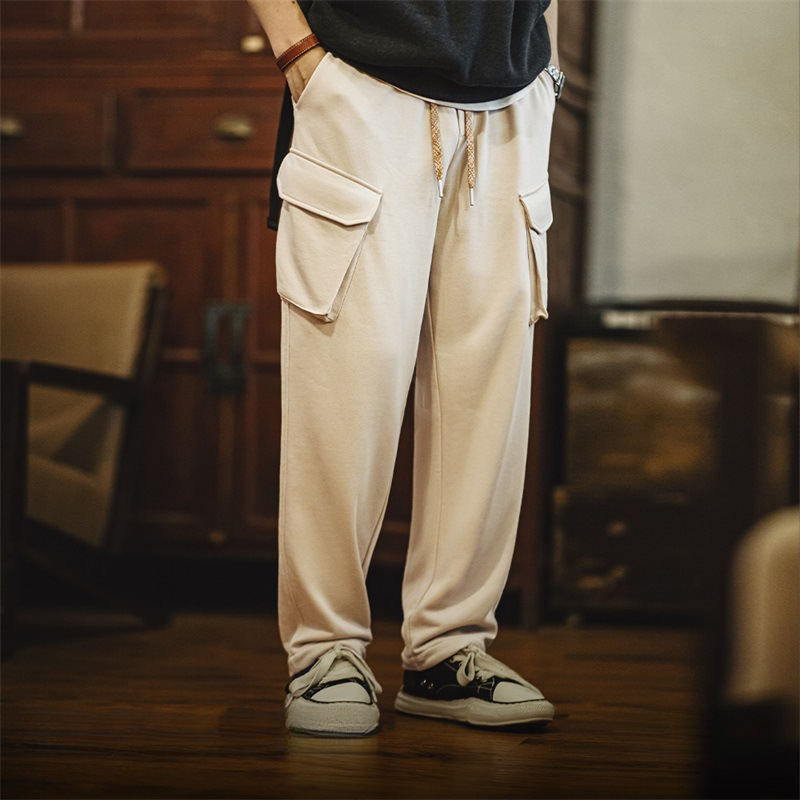 Maden retro multi pocket straight leg elastic waist band drawstring ankle sports casual pants