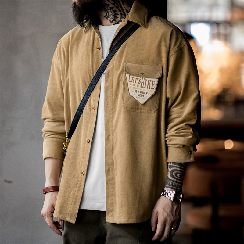 Magi vintage corduroy patchwork long sleeved shirt casual lapel pure cotton striped velvet shirt