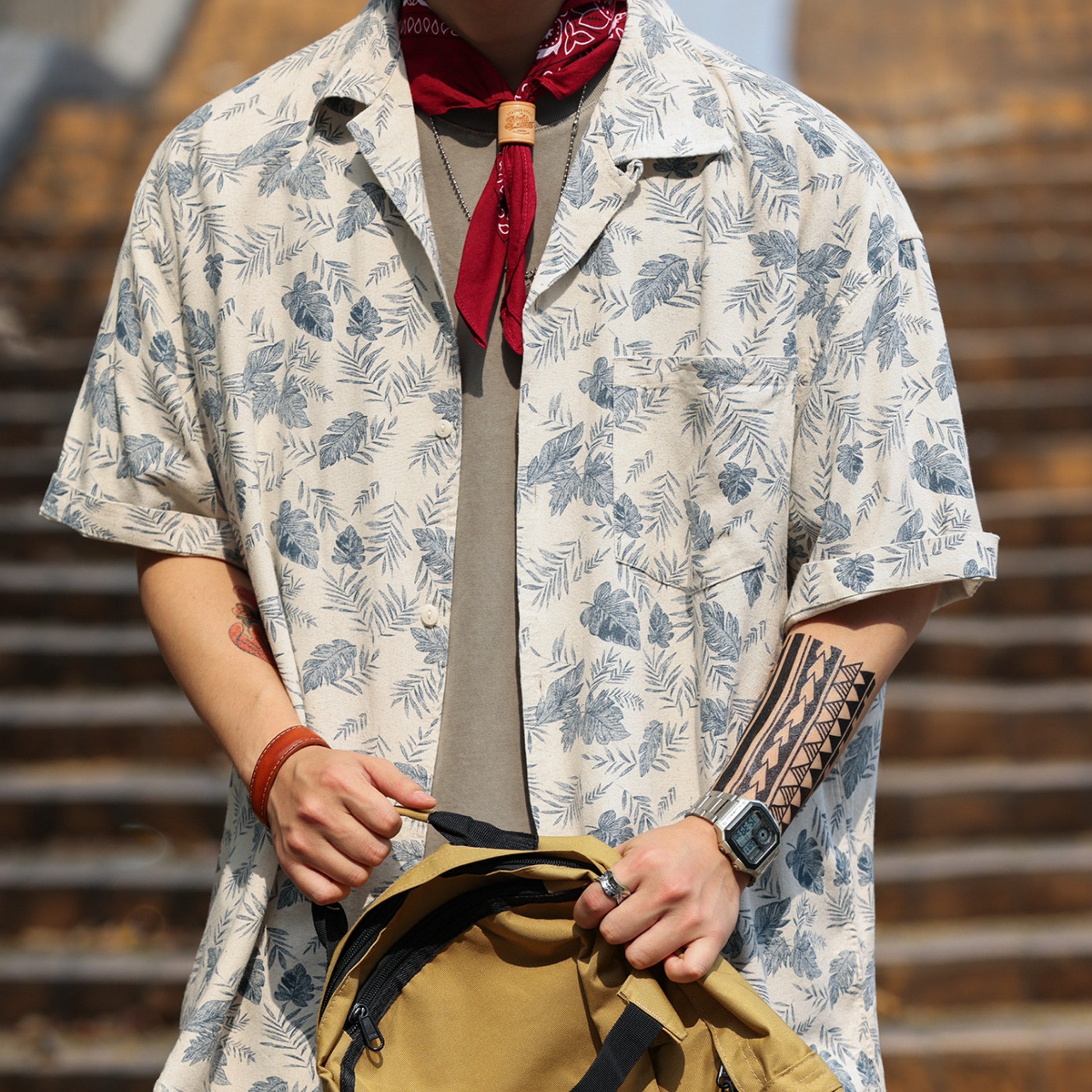 American casual Cuban collar linen summer retro vacation style T-shirt