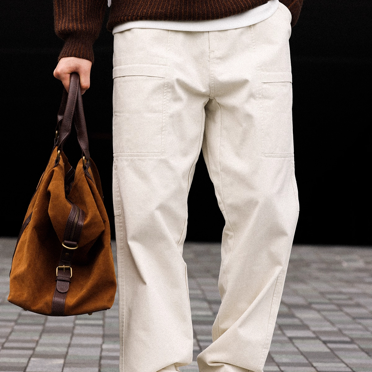 American Retro White Men'S Combed Cotton Elastic Waist Straight Leg Casual Pants