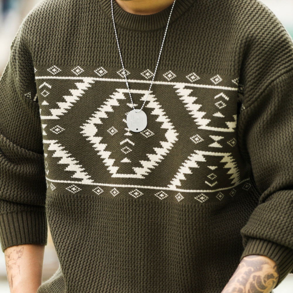 BGYO American Navajo diamond jacquard sweater men's loose 800g ethnic 