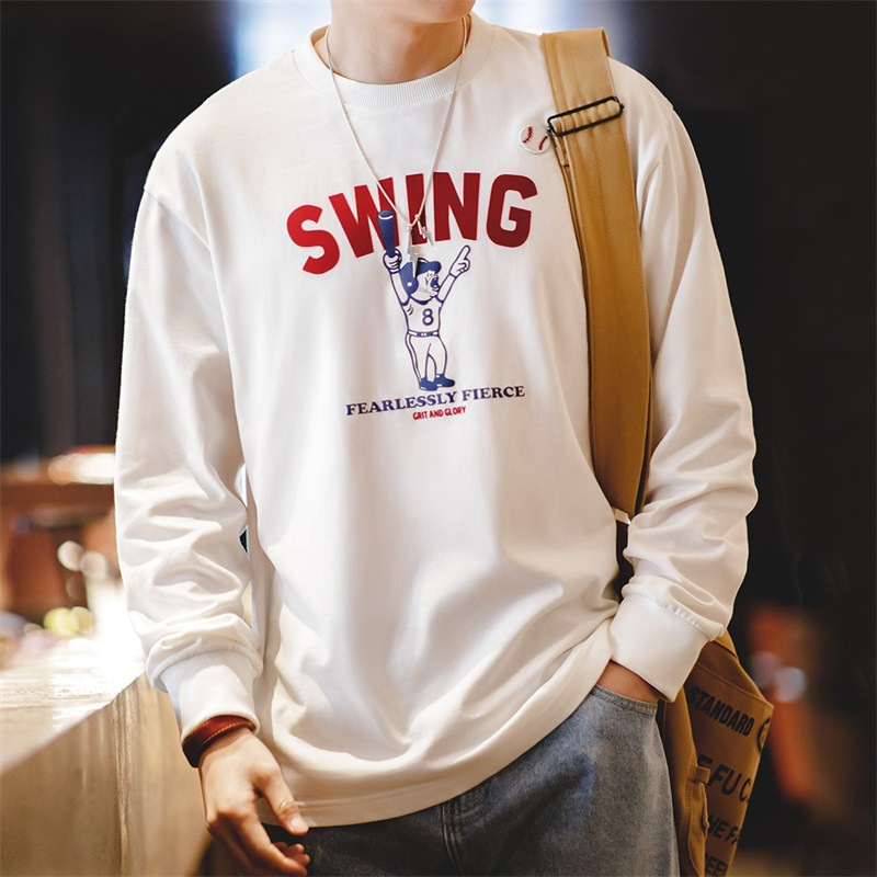 Maden Vintage Letter Baseball Print Long sleeved Round Neck with Pure Cotton Underlay