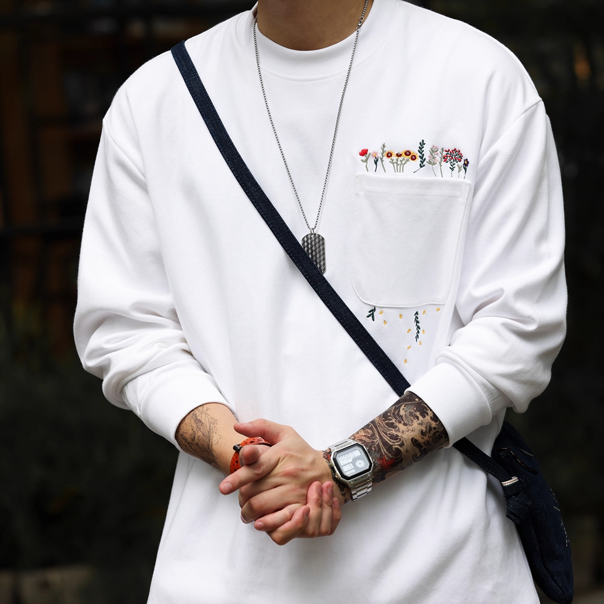 American Casual  Embroidery Men'S Loose Pocket Design 300g Long Sleeved T-Shirt