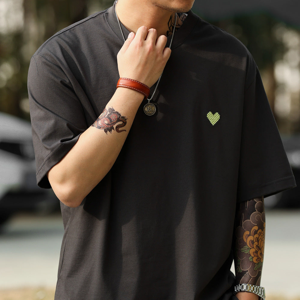 American casual heart-shaped embroidered men's loose 220g short sleeved T-shirt