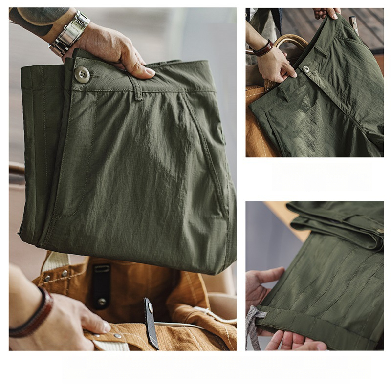 Maden Retro Quilted Fold Double Knee Pants Thin Drawstring Leg Straw Army Green Straight Casual Pants