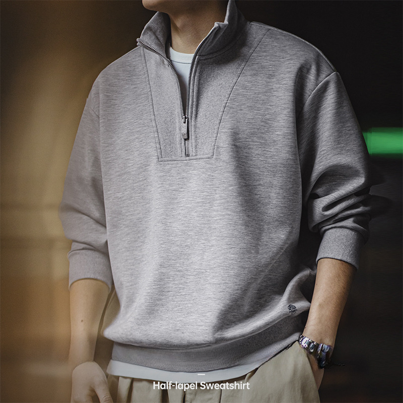 Maden Casual Air Layer Half Zipper Sweater Academy Style Grey Spliced Stand up Neck Top