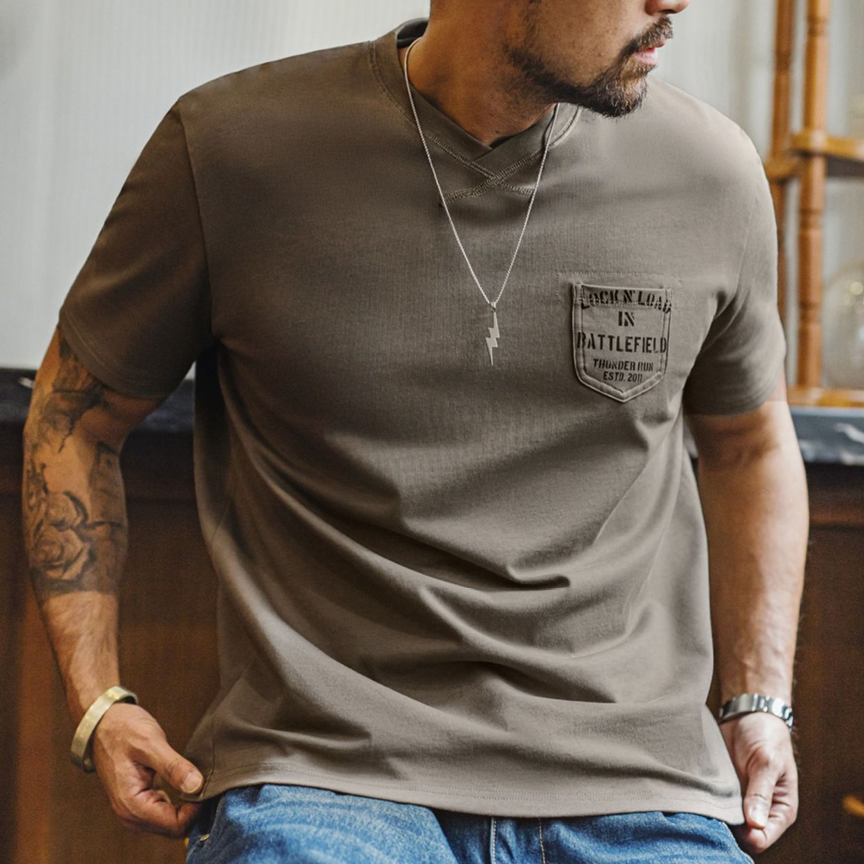 American retro military style pocket tough guy short sleeved T-shirt