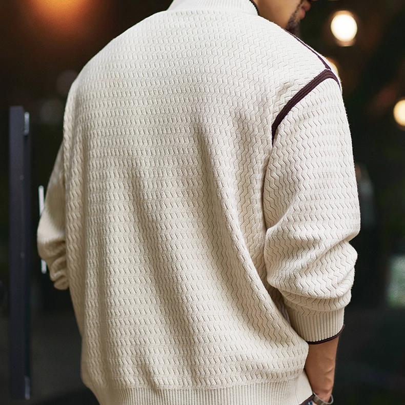 2025 New Men's Loose Casual Stand up Collar Half Zipper Color blocked Knitted Polo shirt