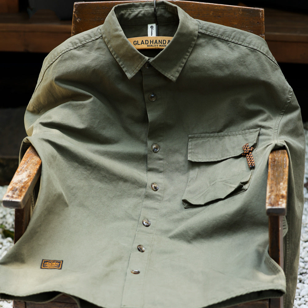 Outdoor mountain workwear shirt, men's army green light fermented washed water long sleeved high-end shirt