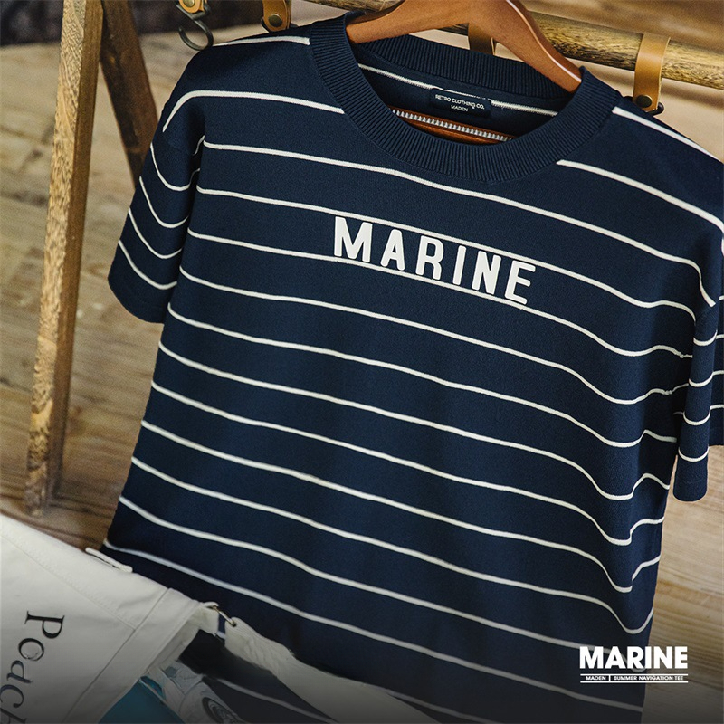 Maden Retro contrasting striped letter print half sleeved Sea Soul T-shirt