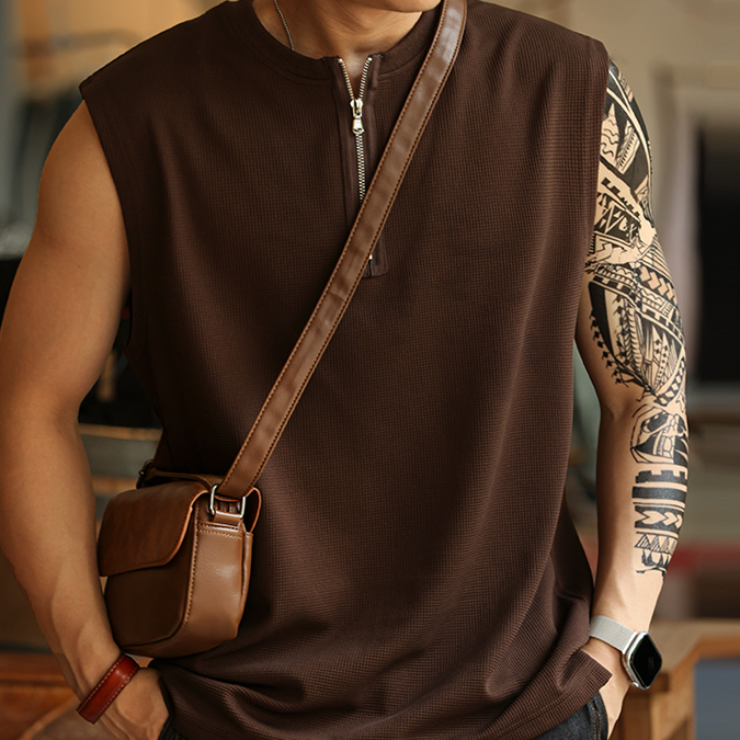 American casual half zipper men's 260g sports and fitness vest