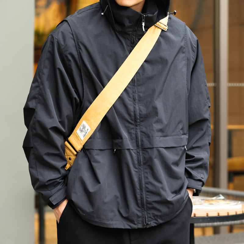 Leisure outdoor waterproof jacket, men's detachable sleeves, hooded mountaineering jacket