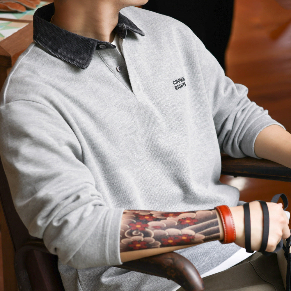 Color blocked collar long sleeved polo shirt men's loose casual sports collar knitted T-shirt sweatshirt