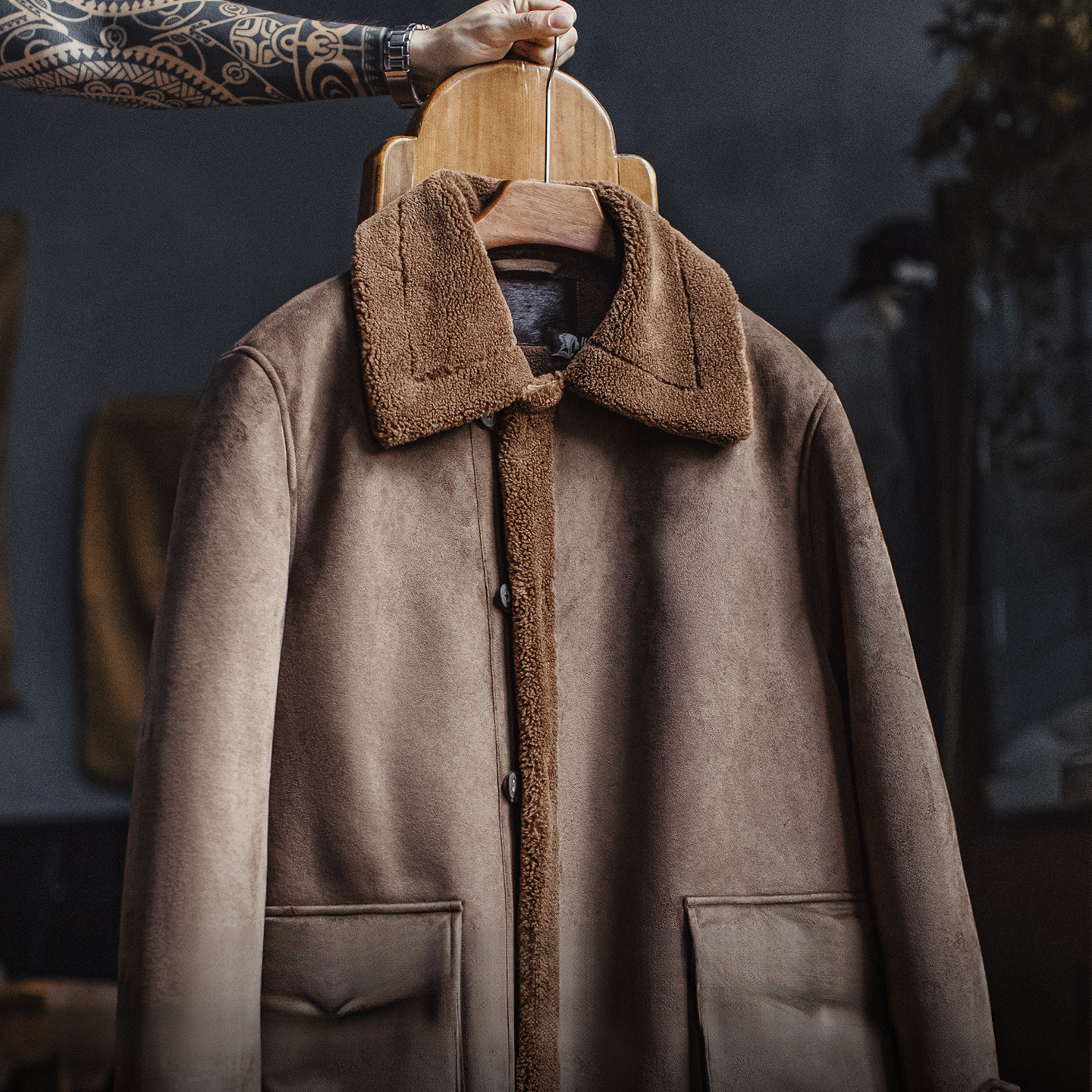 American Retro B7 Suede Parka Coat Medium Long Imitation Lamb Wool Thick Coat