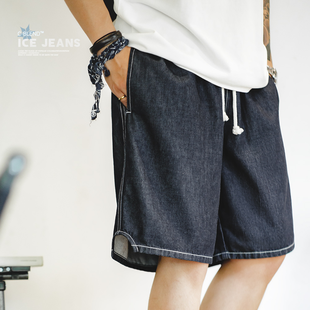 Maden casual ice leather denim shorts, denim cool cut cropped pants, loose fitting straight leg half pants