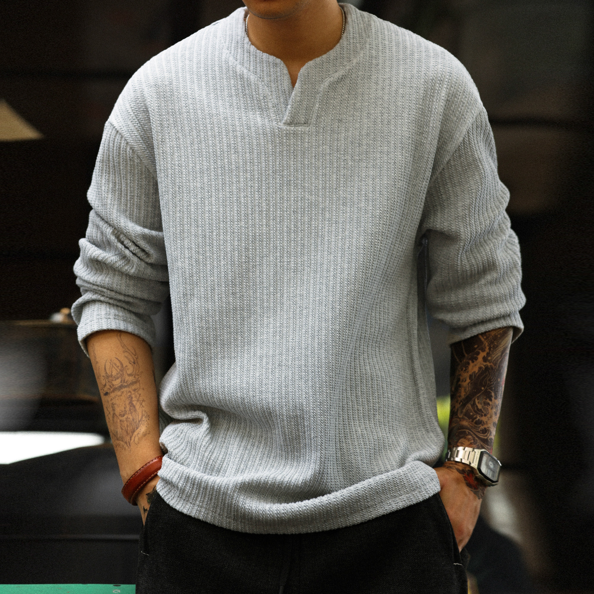 American Jacquard Small V-neck Men's 330g Stacked Long Sleeve T-shirt