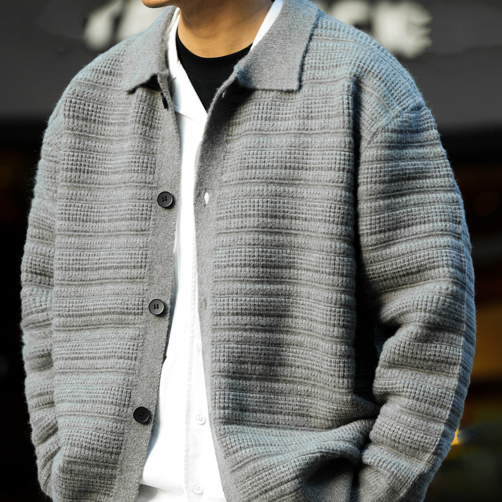 lazy style lapel cardigan sweater, men's heavy-duty texture, thick and warm, outer wear knitted jacket for winter