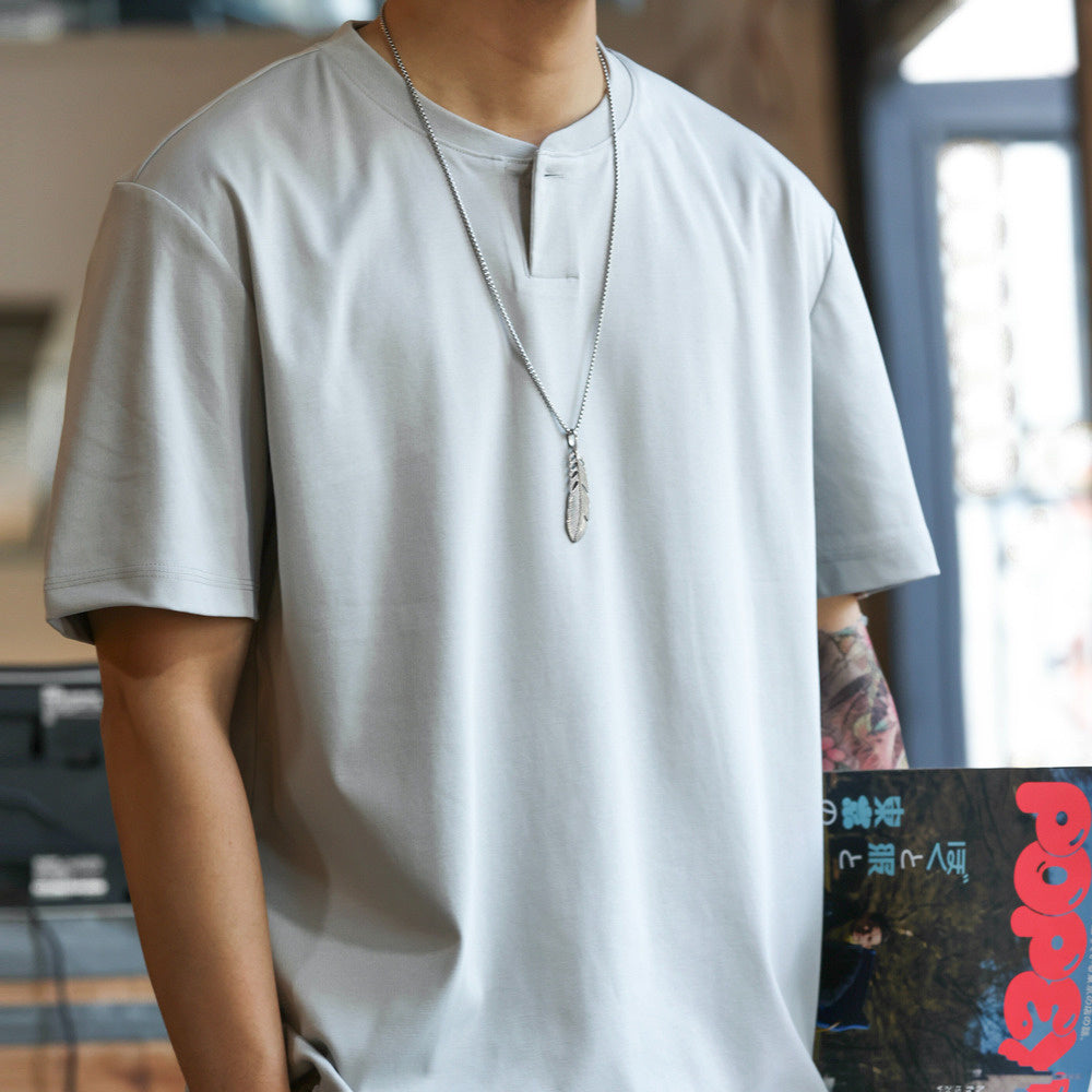 American casual 200g cotton Henry collar men's summer cool short sleeved T-shirt