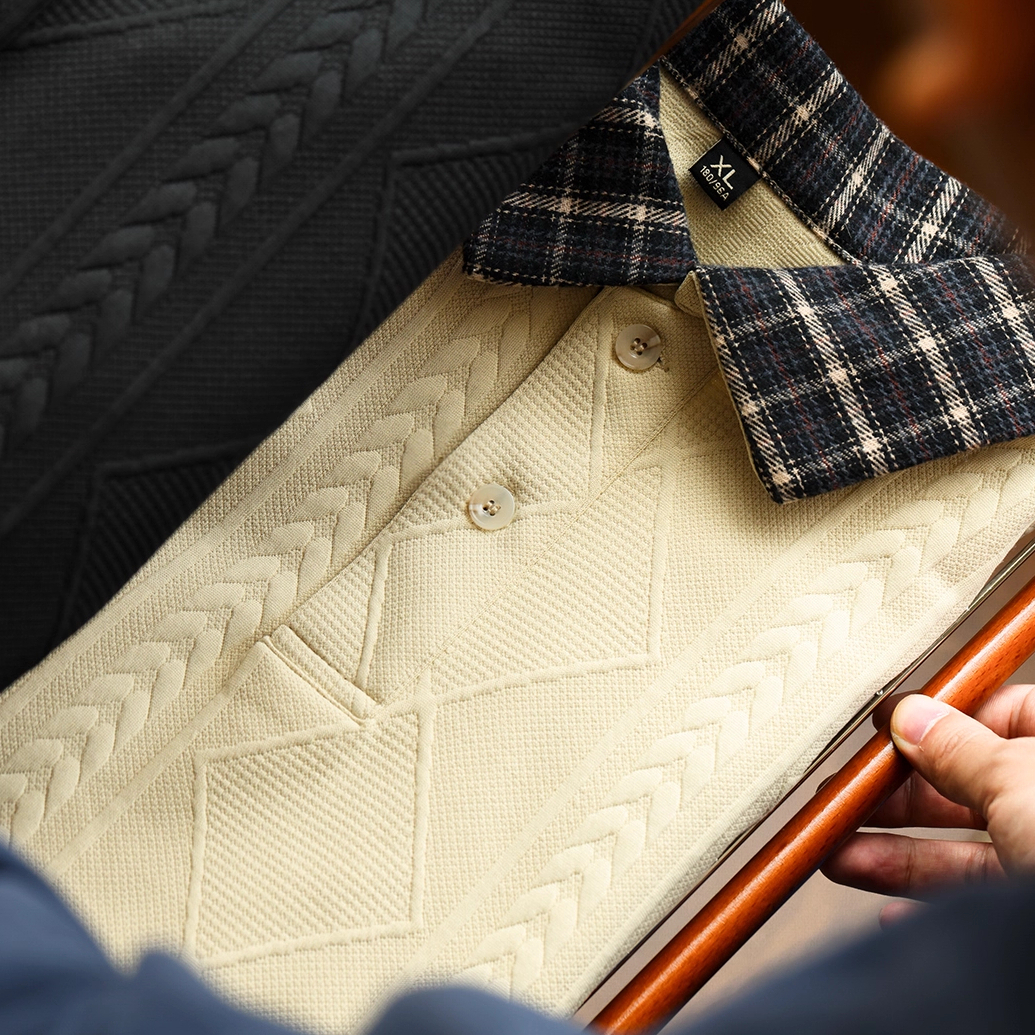 American Casual Knitted Texture Men'S Contrasting Plaid Lapel Long Sleeved Polo Shirt